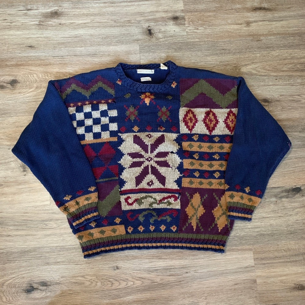 Vintage 90s East Island Hand Knitted Cotton Patchwork Sweater Blue Boho - Large
